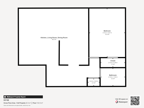 Floor plan for 1 bed, 1 bath, 658 sqft